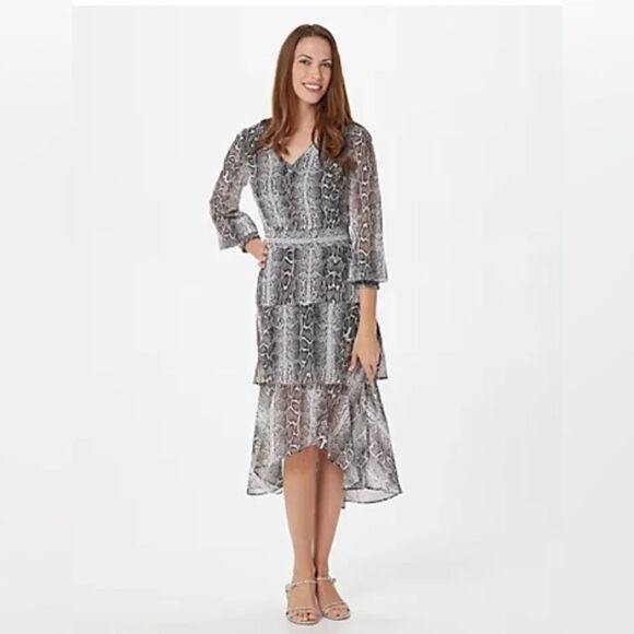 NWT Sam Edelman Snakeskin Tiered Ruffle Long Sleeve Midi Dress Grey Plus Size 1X - Picture 1 of 9